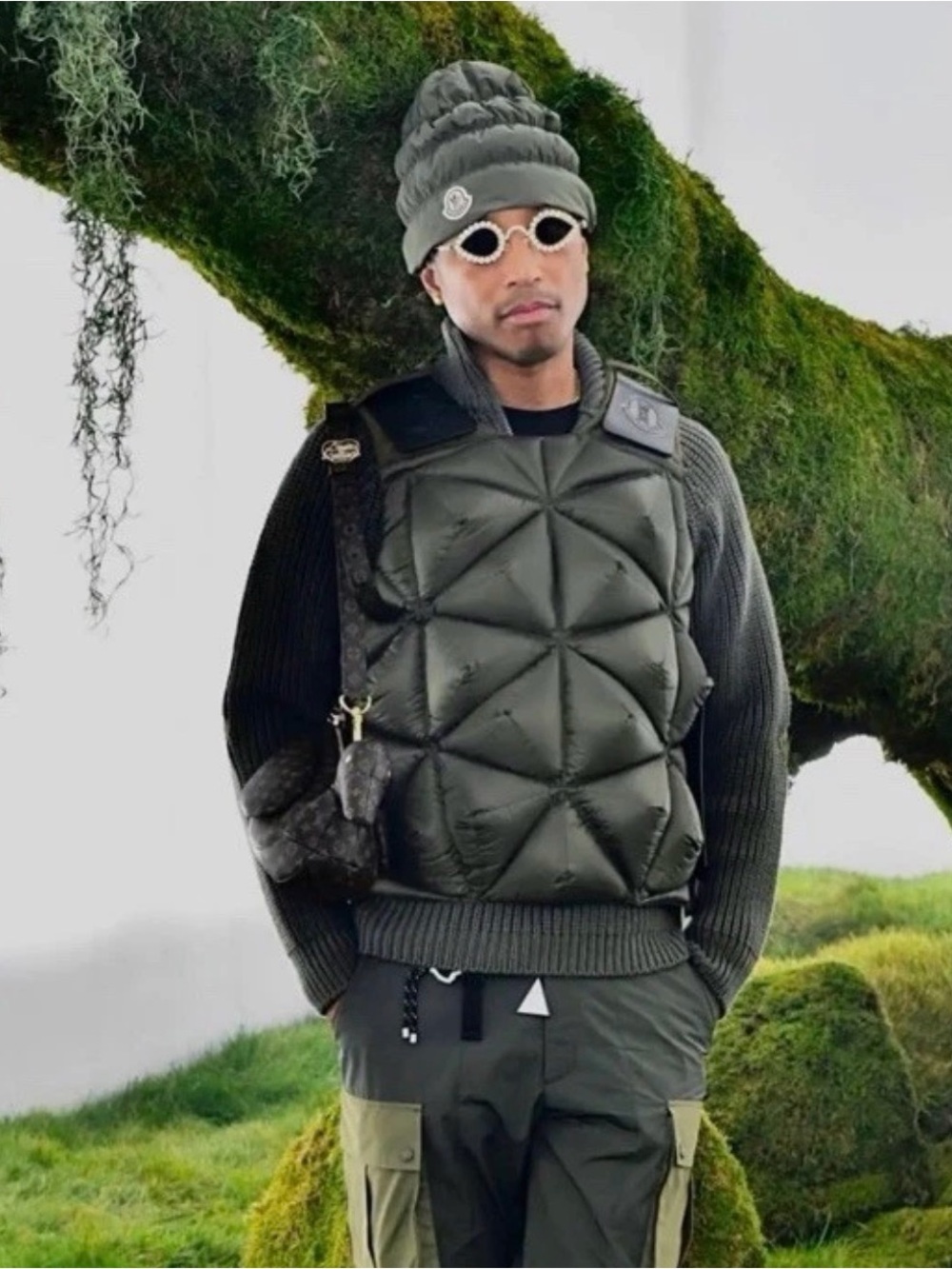 Moncler x Pharrell Olive Green Quilted Geometric Puffer Vest